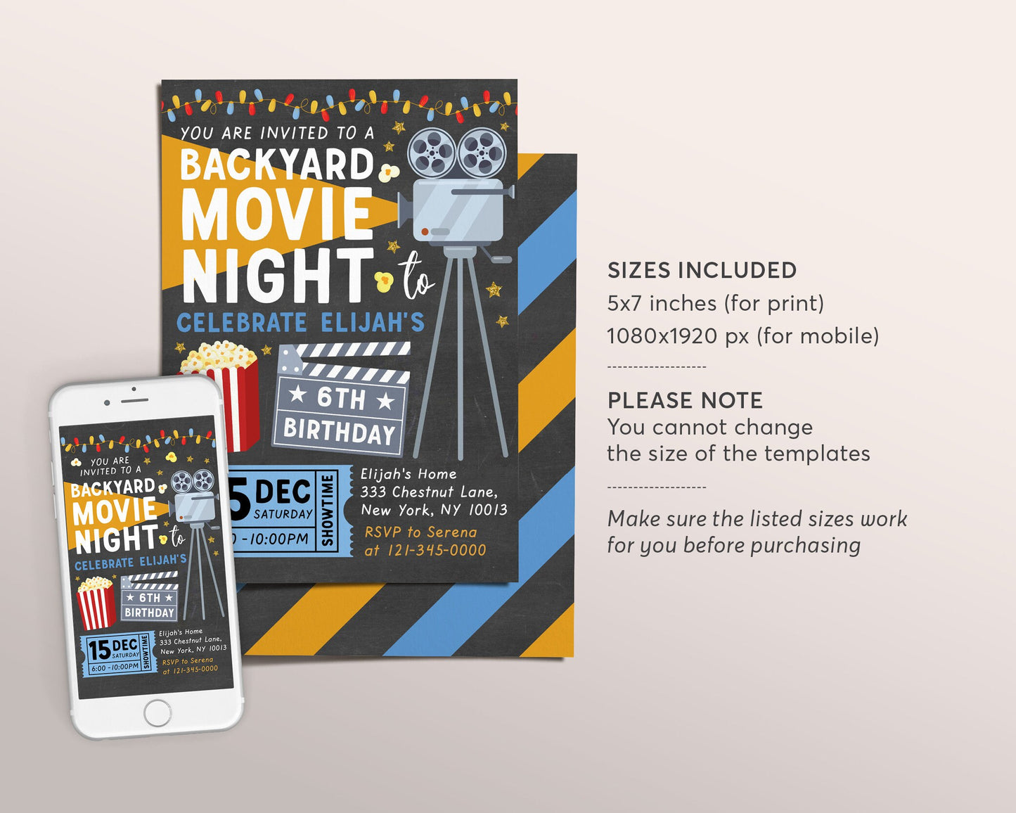 Backyard Movie Night BOY Birthday Invitation Editable Template, Outdoor Movie Pajamas Party Popcorn Sleep Over Invite, Under the Stars Kids