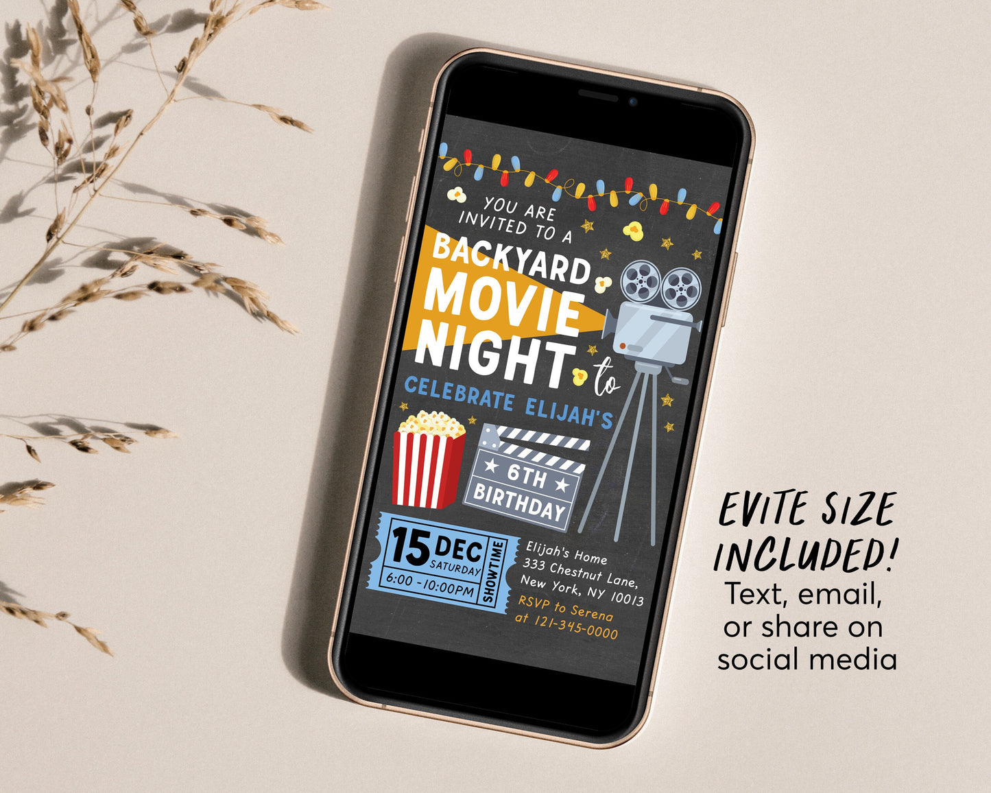 Backyard Movie Night BOY Birthday Invitation Editable Template, Outdoor Movie Pajamas Party Popcorn Sleep Over Invite, Under the Stars Kids