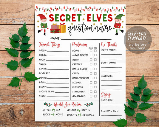Secret Elves Questionnaire Editable Template, Secret Elf Santa Holiday Christmas Gift Exchange Form Wish List, Work Office Secret Santa