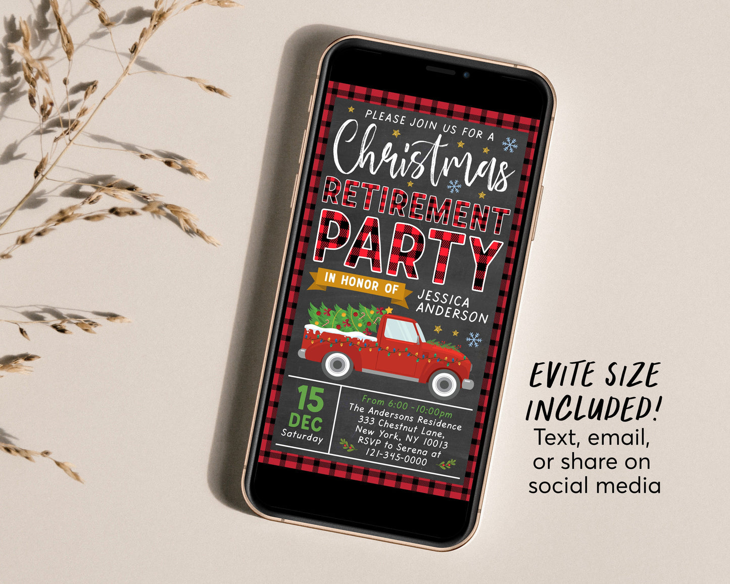 Christmas Retirement Party Invitation Editable Template, Holiday Surprise Retirement Invite Printable Evite, Flannel Buffalo Plaid Rustic