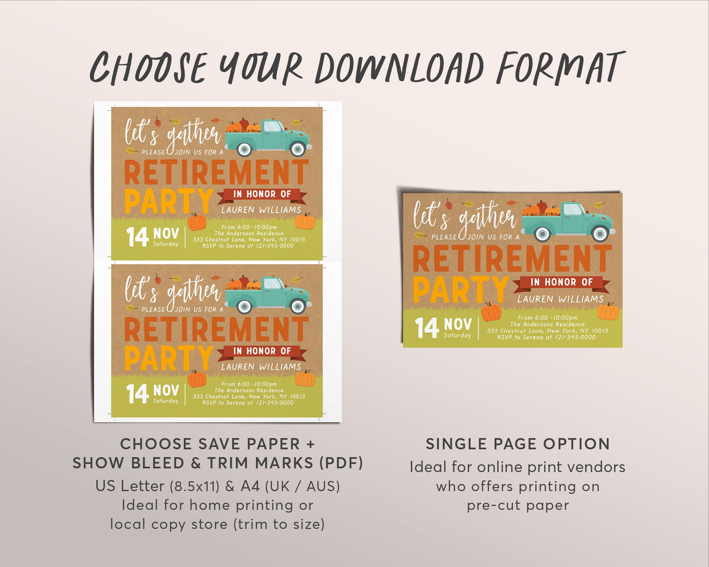 Fall Retirement Party Invitation Editable Template, Pumpkin Truck Holiday Retirement Celebration Evite Invite, Fall Pumpkins Autumn