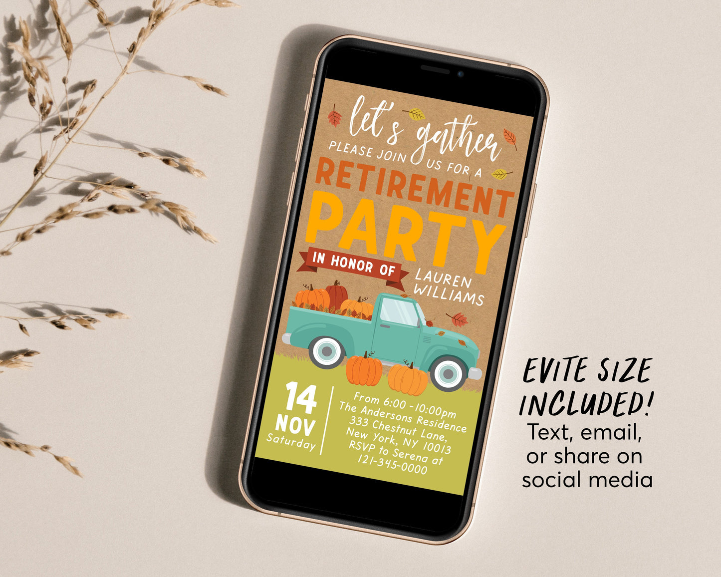 Fall Retirement Party Invitation Editable Template, Pumpkin Truck Holiday Retirement Celebration Evite Invite, Fall Pumpkins Autumn