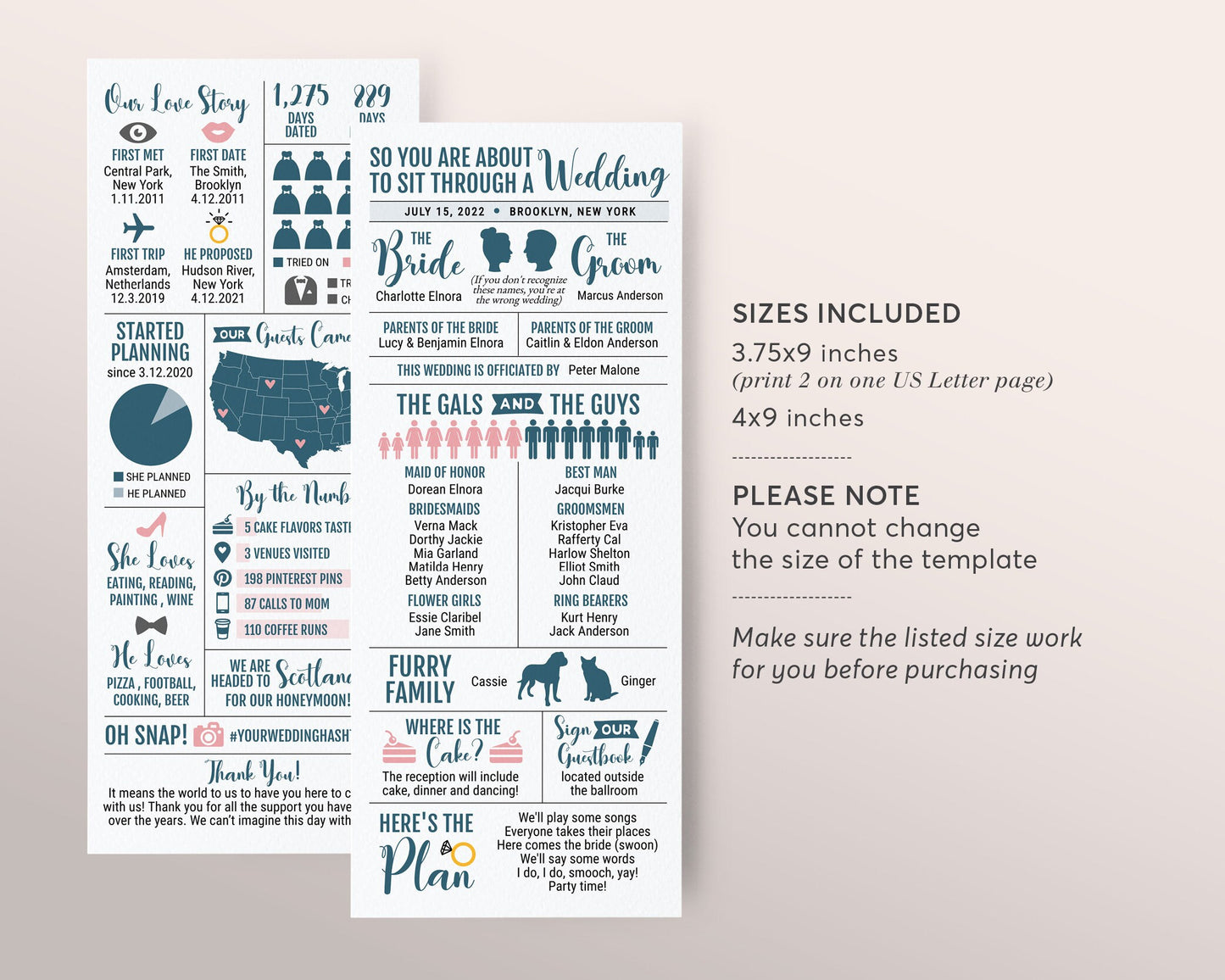 Infographic Wedding Program Editable Template, Long Reception Program, Funny Wedding Program Printable, Unique Modern Fun Ceremony Program