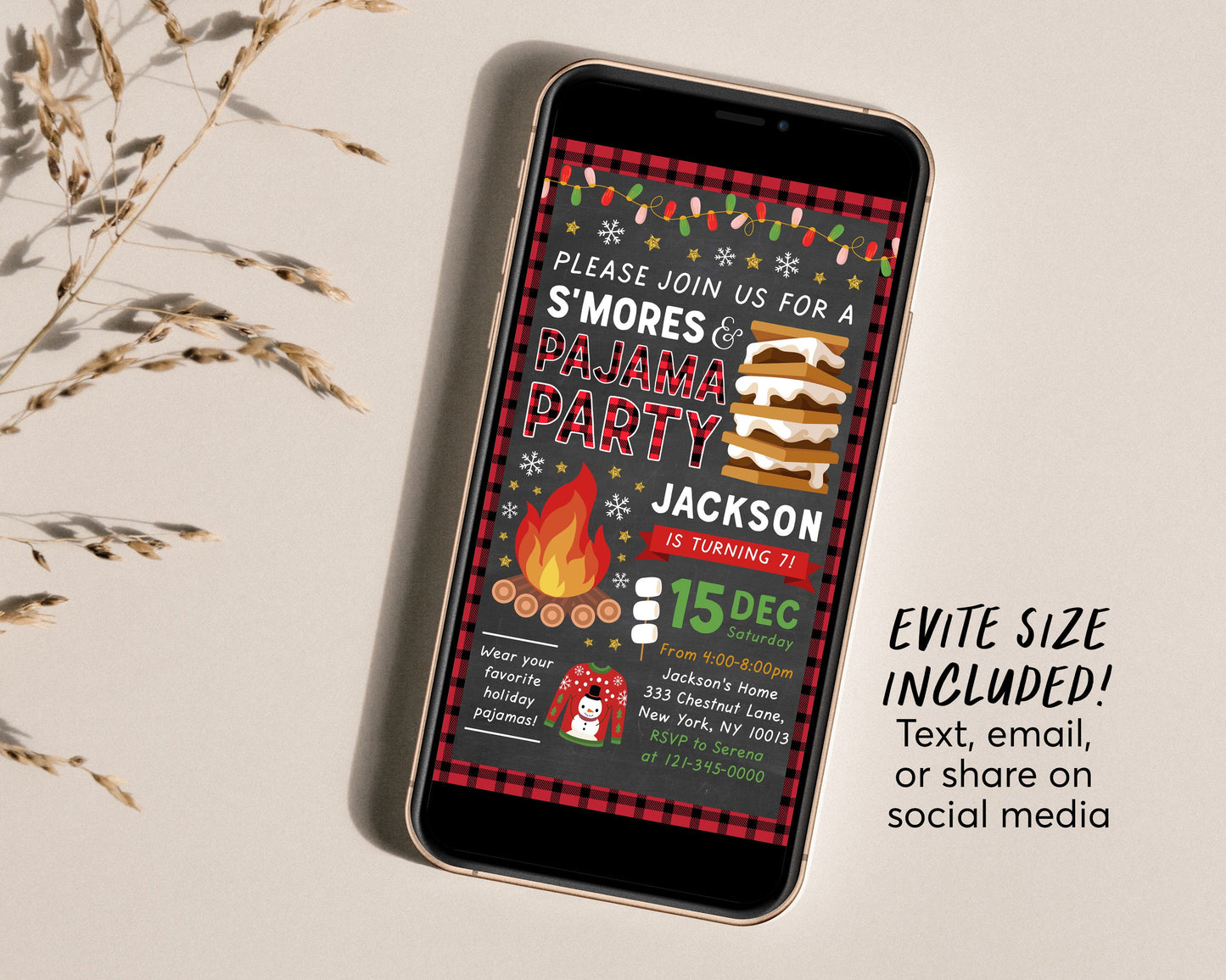 Christmas S'mores And Pajama Birthday Invitation Editable Template, Smores Camping Party Kids Xmas Holiday Invite Kids PJs Sleepover Bonfire