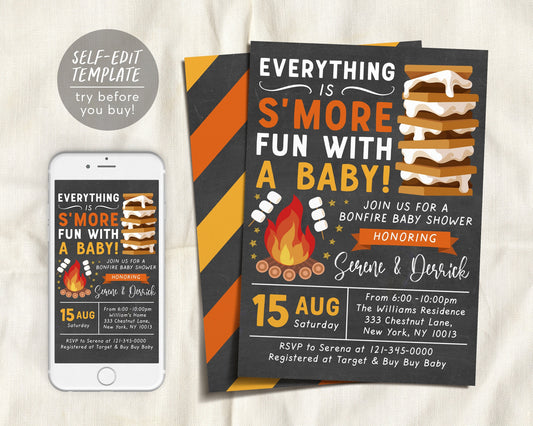 S'mores Bonfire Baby Shower Invitation Editable Template, Summer Bonfire Couples Shower Invite, Everything Is More Fun With A Baby Evite