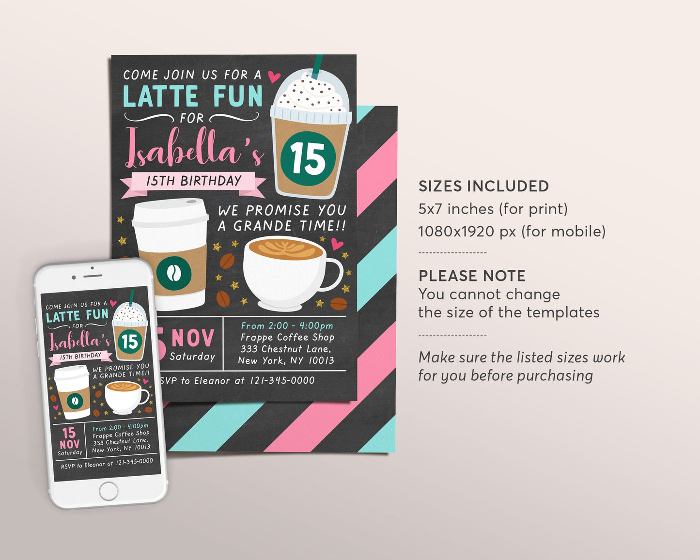 Coffee Birthday Invitation Editable Template, GIRL Latte Fun Invite, Cafe Frappe Digital Evite, Latte Birthday Themed Party Instant Download