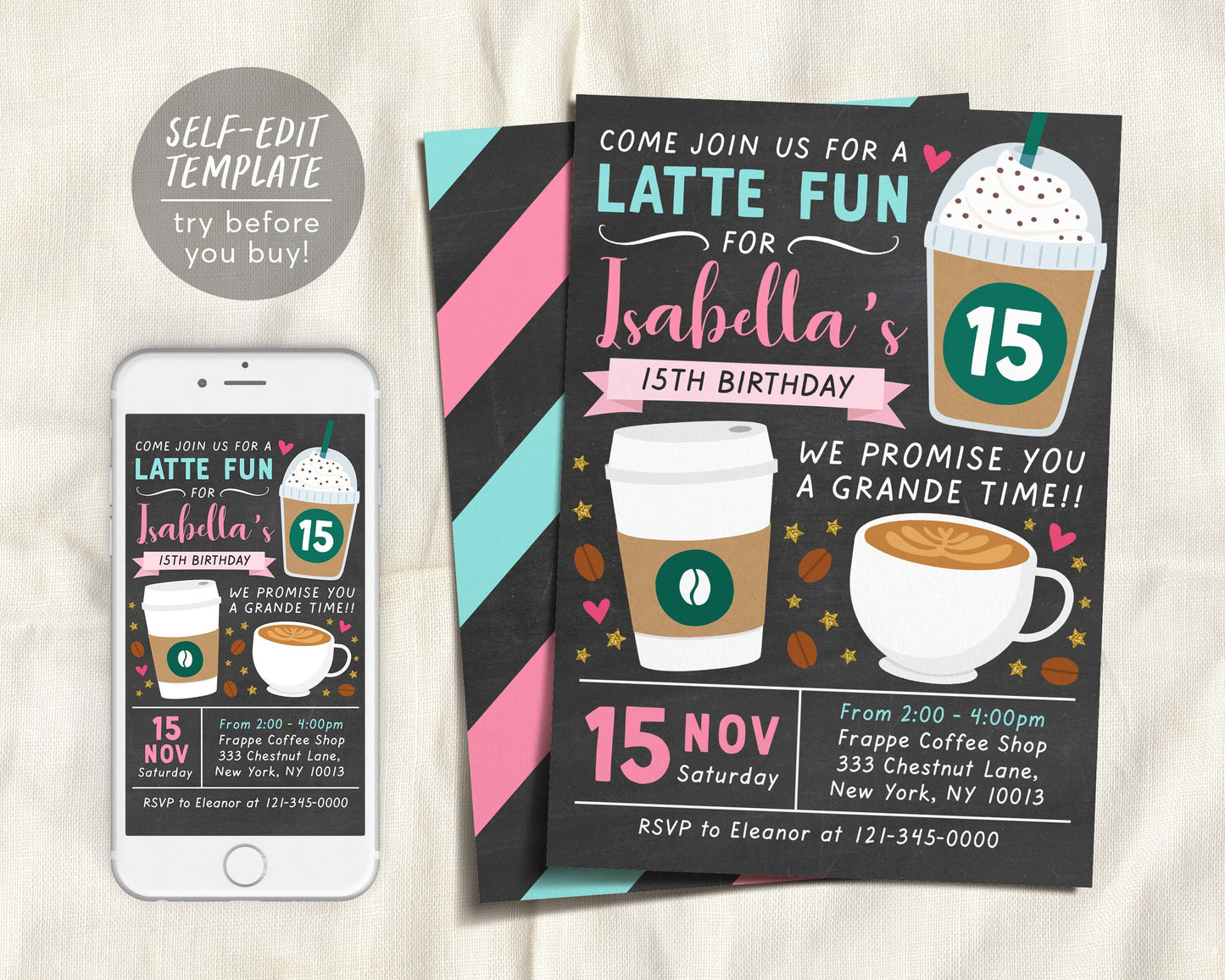 Coffee Birthday Invitation Editable Template, GIRL Latte Fun Invite, Cafe Frappe Digital Evite, Latte Birthday Themed Party Instant Download