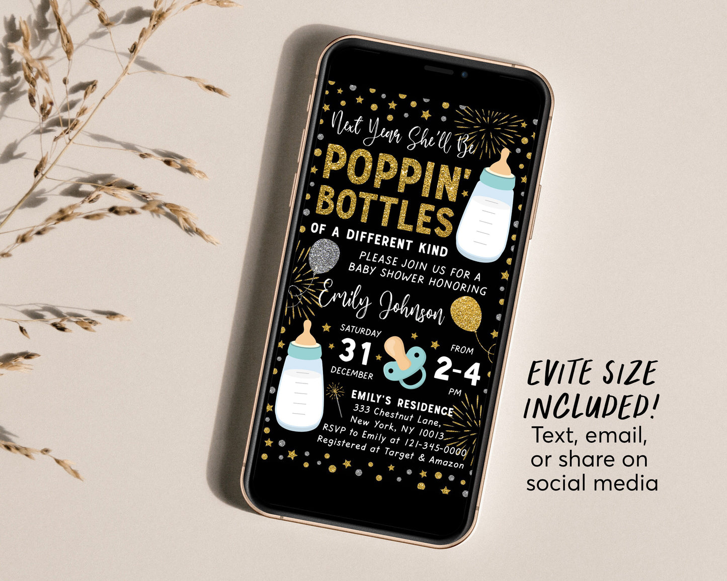 New Years Baby Shower Invitation Editable Template, Poppin Bottles Holiday Party Invite, Baby Sprinkle, New Years December Gender Reveal