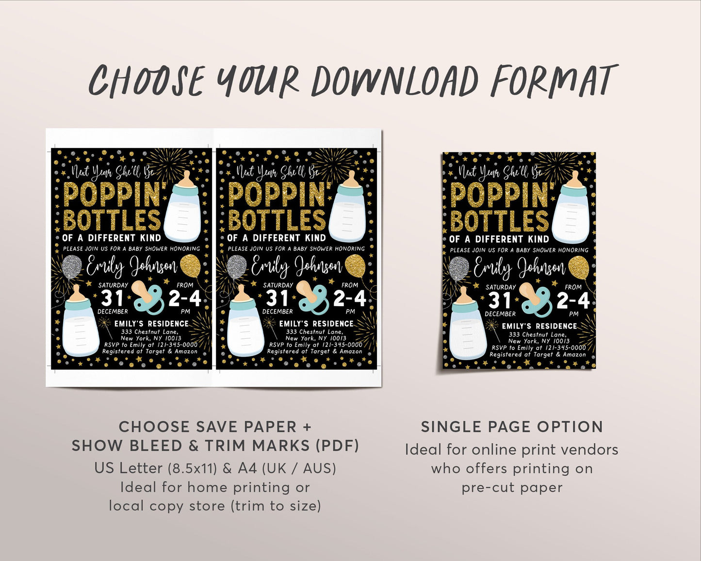 New Years Baby Shower Invitation Editable Template, Poppin Bottles Holiday Party Invite, Baby Sprinkle, New Years December Gender Reveal