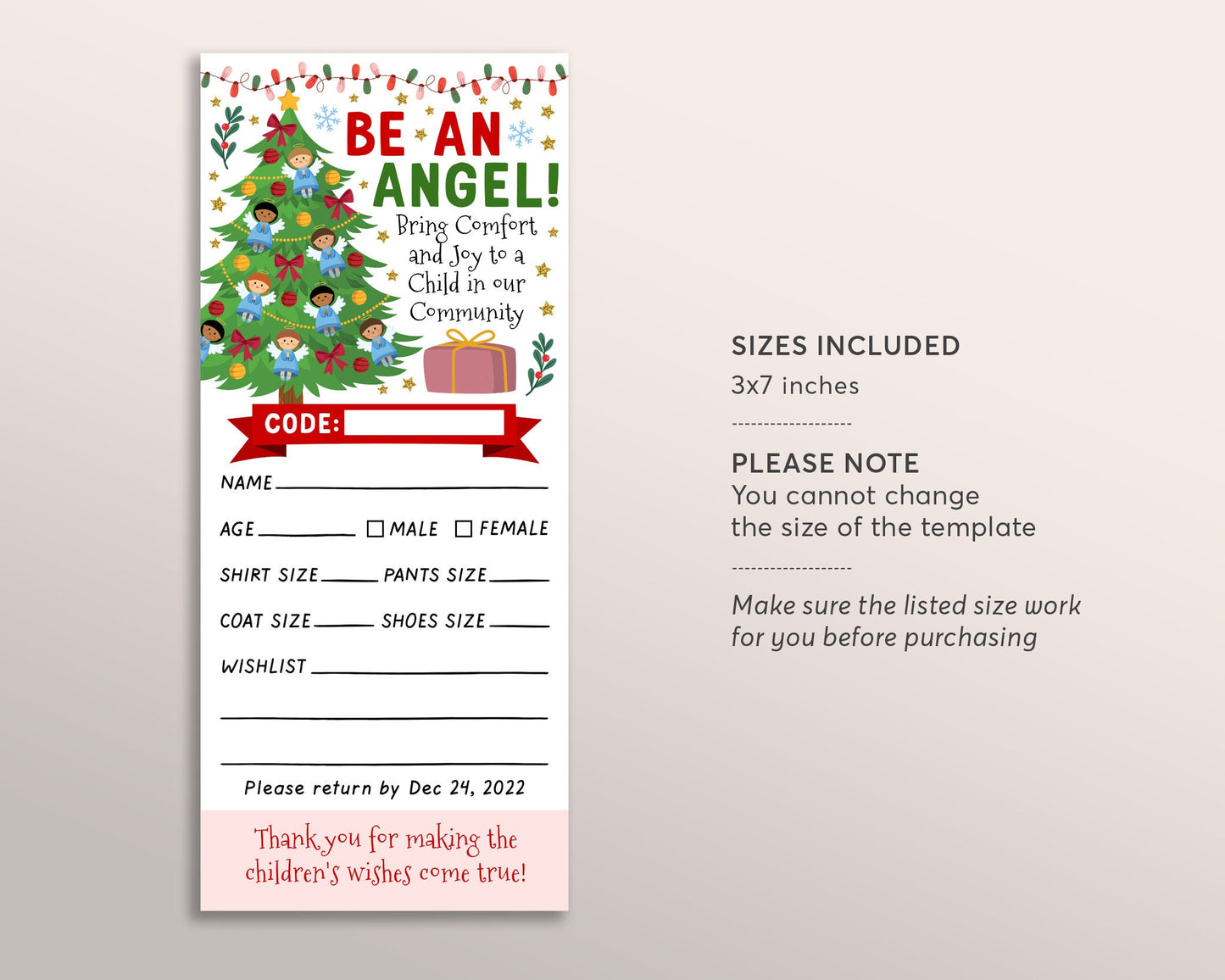 Christmas Giving Tree Gift Tag Editable Template, Donation Slip With Angels Printable, Charity Toy Drive Community Event Church School