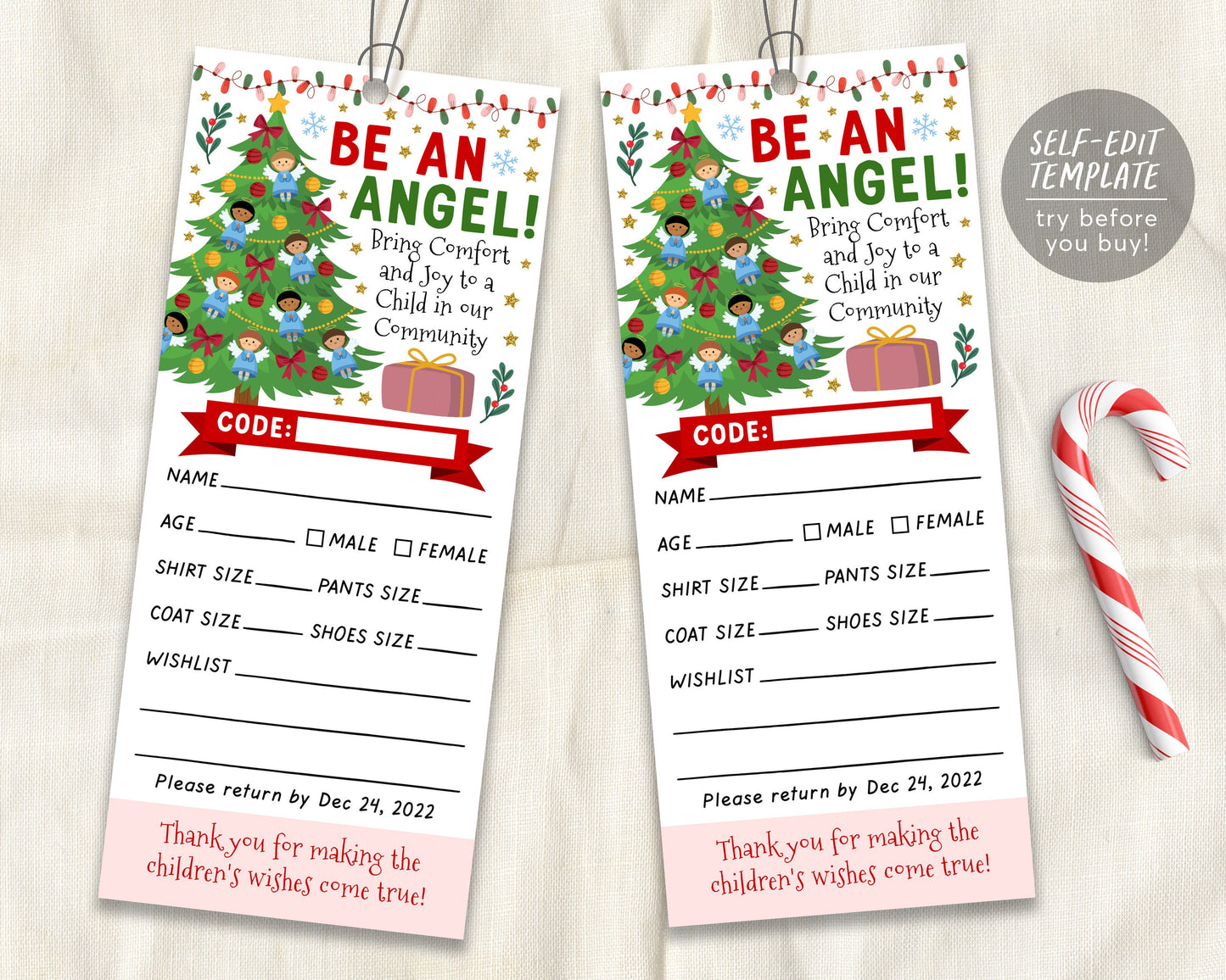 Christmas Giving Tree Gift Tag Editable Template, Donation Slip With Angels Printable, Charity Toy Drive Community Event Church School