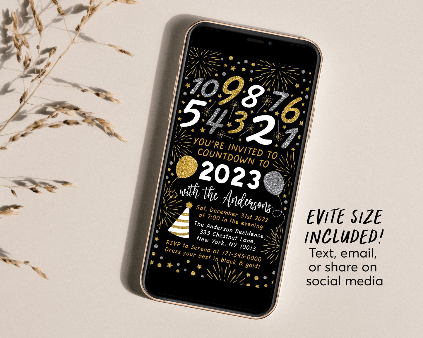 New Years Eve Countdown Party Invitation Editable Template, Adult NYE Holiday Party Invite Printable, Gold Glitter Black Cocktail Evite