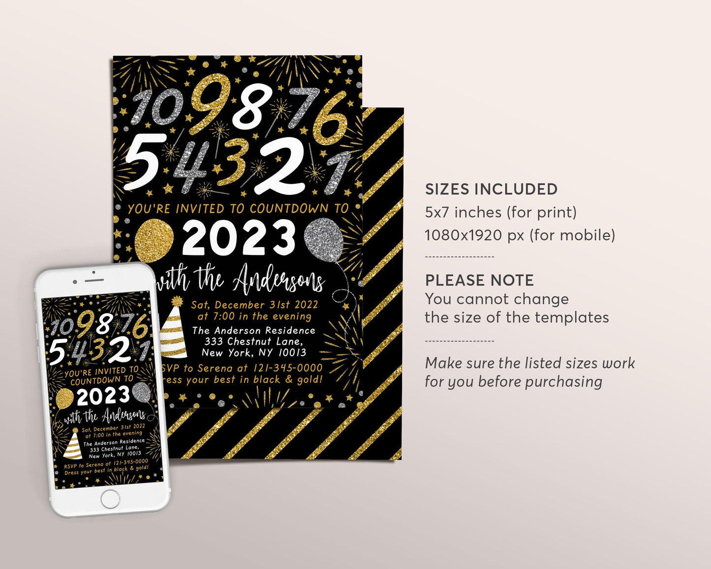 New Years Eve Countdown Party Invitation Editable Template, Adult NYE Holiday Party Invite Printable, Gold Glitter Black Cocktail Evite