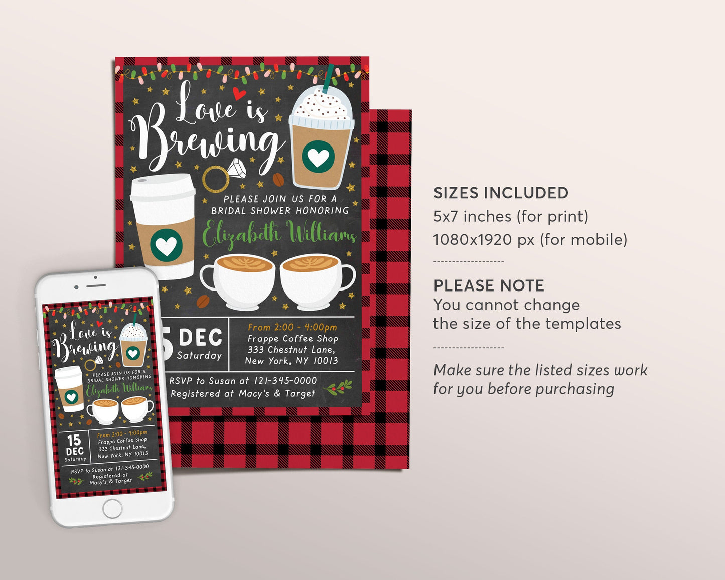 Christmas Bridal Shower Invitation Editable Template, Love is Brewing Bridal Brunch Breakfast Coffee Themed Invite, Holiday Engagement Party