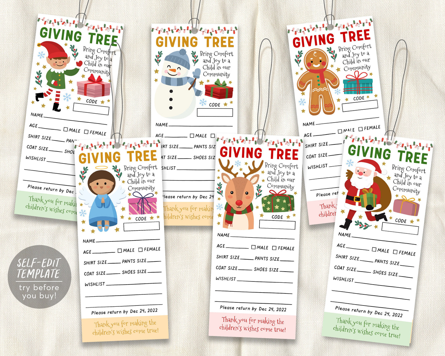 Christmas Giving Tree Gift Tag BUNDLE Editable Template, Donation Slip With Angel Santa Elf Printable, Charity Community Event Church School