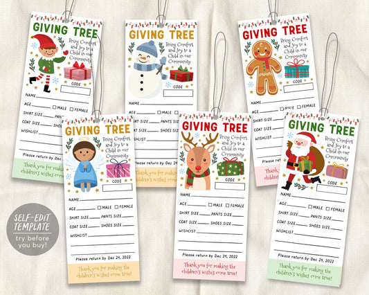 Christmas Giving Tree Gift Tag BUNDLE Editable Template, Donation Slip With Angel Santa Elf Printable, Charity Community Event Church School