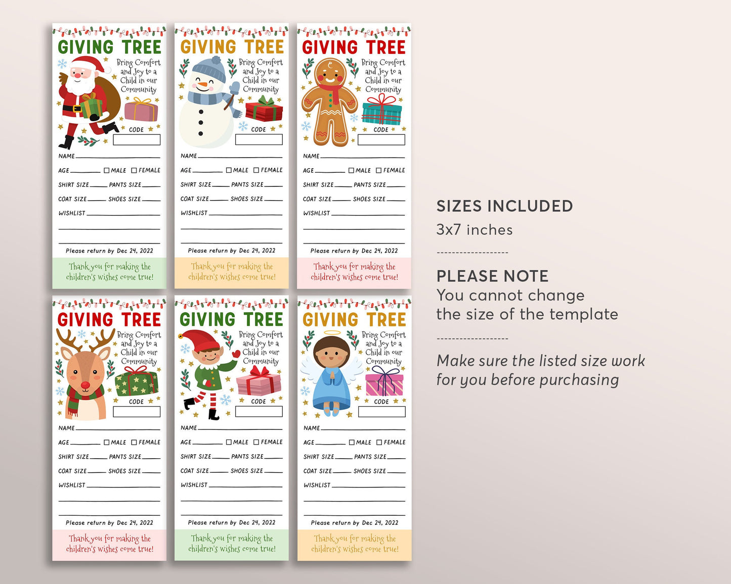 Christmas Giving Tree Gift Tag BUNDLE Editable Template, Donation Slip With Angel Santa Elf Printable, Charity Community Event Church School