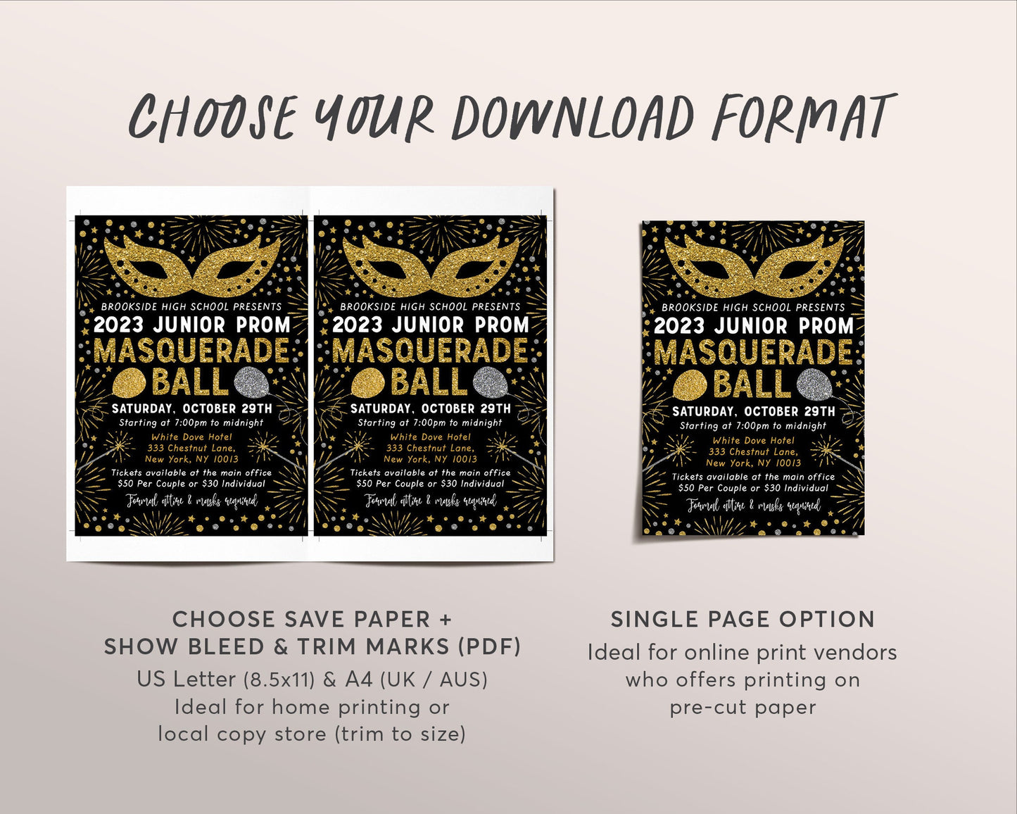 Prom Dance Masquerade Ball Invitation Editable Template, Masked Party Bash Evite, EDITABLE Prom Ticket, Gold Glitter Formal High School Gala