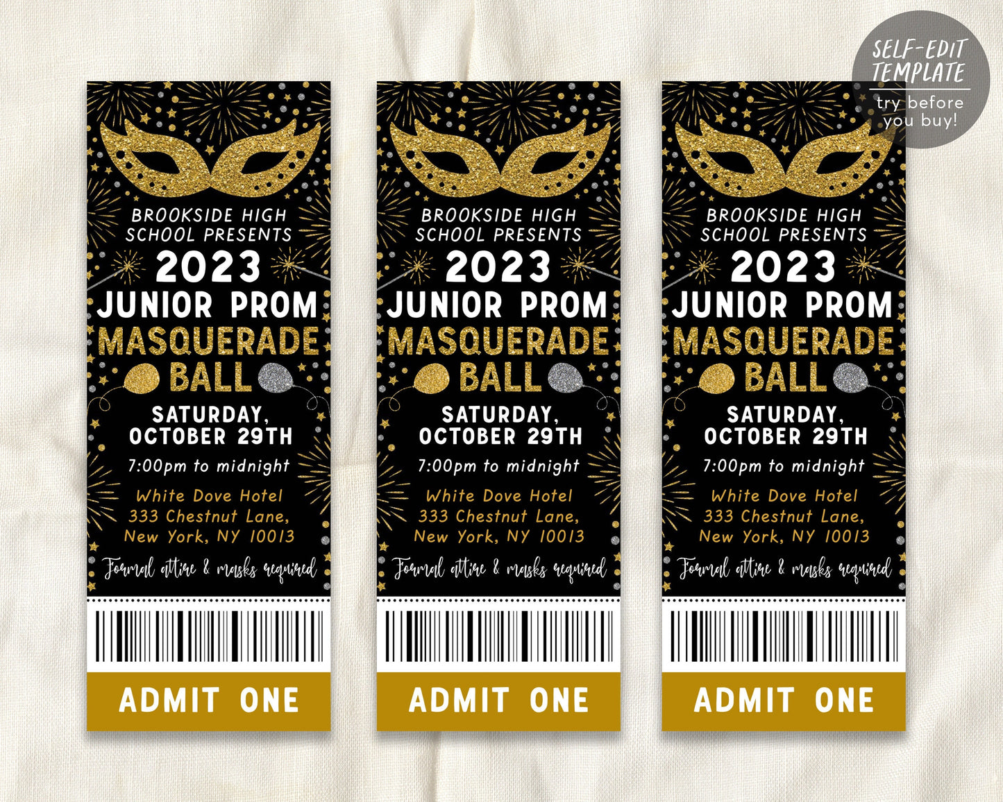 Masquerade Ball Ticket Prom Night Editable Template, Junior Senior Prom School Dance Formal Homecoming Gala High School Invitation Printable
