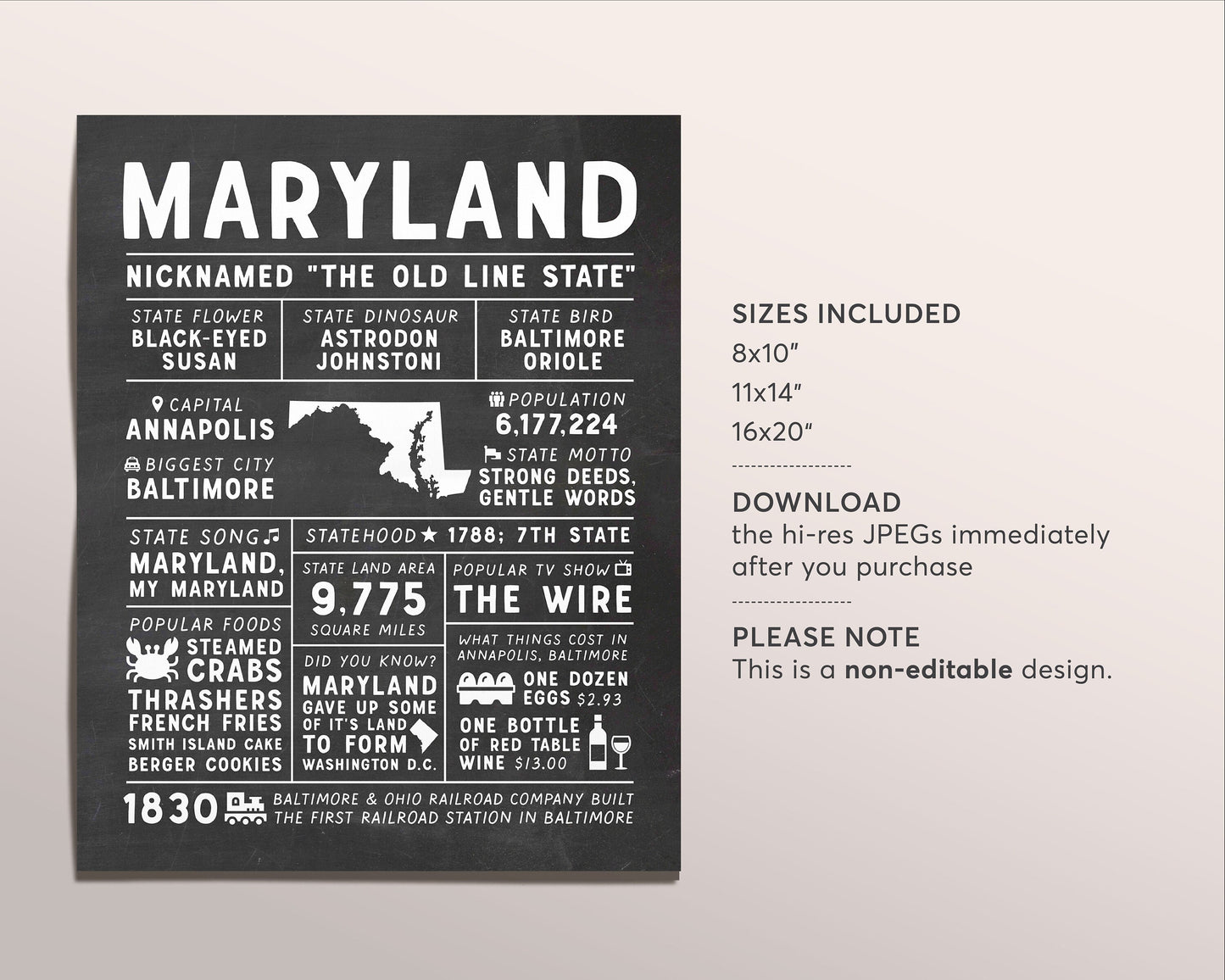 Maryland State Wall Art Sign Poster Infographic, Chalkboard Baltimore Map, Annapolis US States, Men's Gift, State Facts, Housewarming Gift