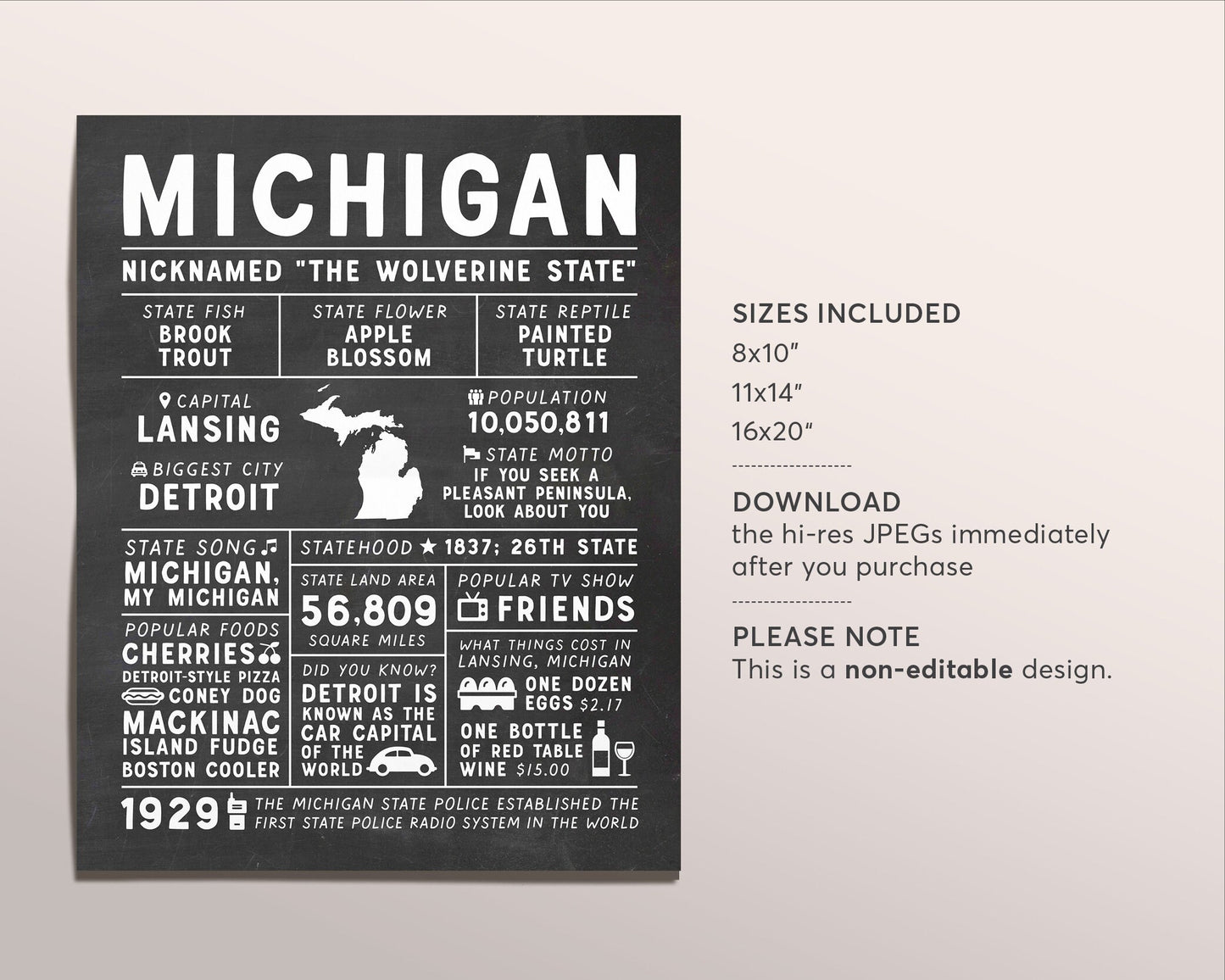 Michigan State Wall Art Sign Poster Infographic, Chalkboard Michigan Map, Detroit US States, Men's Gift, State Facts, Housewarming Gift