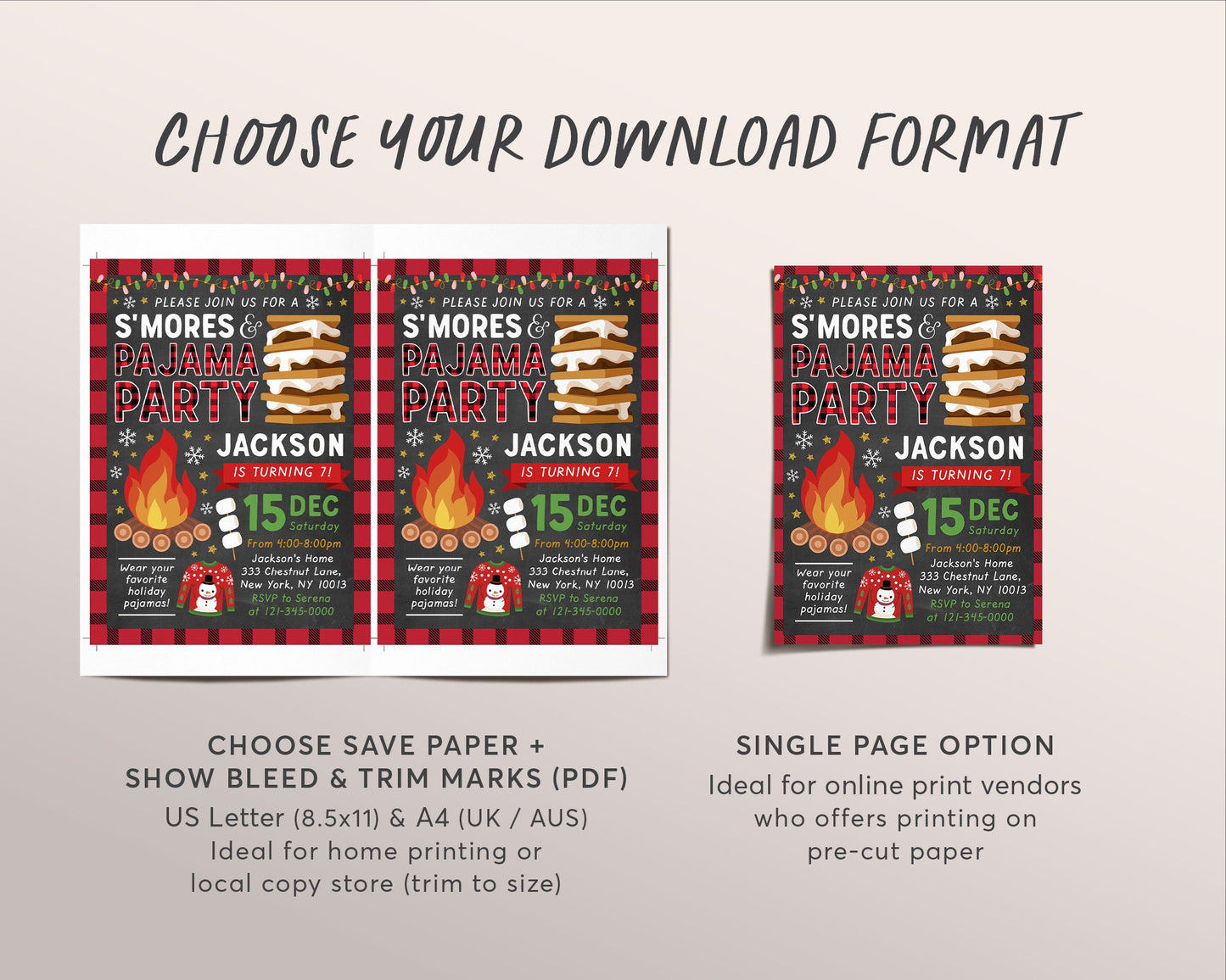 Christmas S'mores And Pajama Birthday Invitation Editable Template, Smores Camping Party Kids Xmas Holiday Invite Kids PJs Sleepover Bonfire