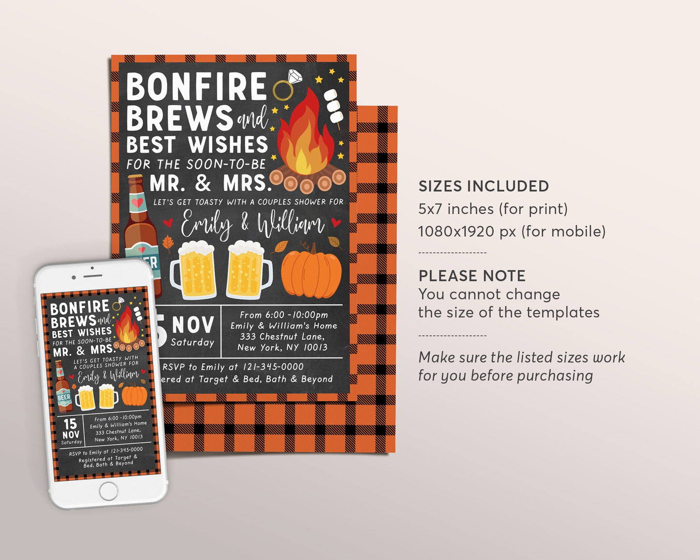 Fall Bonfire Brews Couples Shower Invitation Editable Template, Autumn Beer Campfire Wedding Shower Engagement Party Outdoor Invite