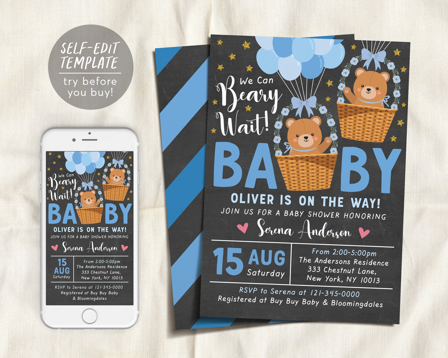 Teddy Bear BOY Balloons Baby Shower Invitation Editable Template, Bear Theme Hot Air Balloon Baby Sprinkle Invite, We Can Bearly Wait