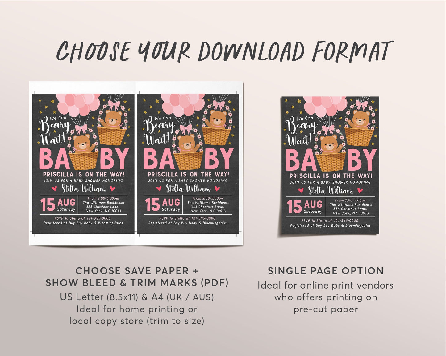 Teddy Bear GIRL Balloons Baby Shower Invitation Editable Template, Bear Theme Hot Air Balloon Baby Sprinkle Invite, We Can Bearly Wait