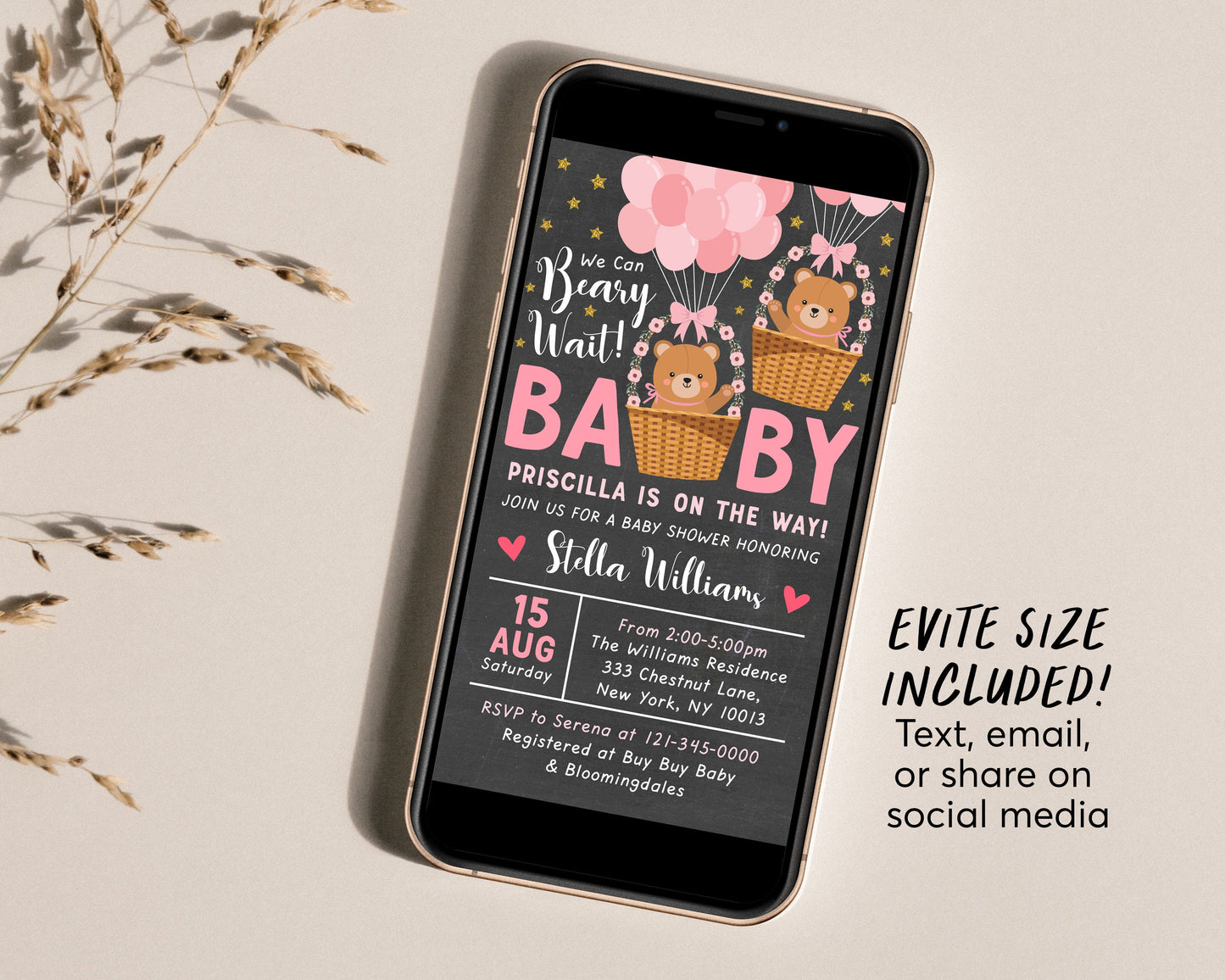 Teddy Bear GIRL Balloons Baby Shower Invitation Editable Template, Bear Theme Hot Air Balloon Baby Sprinkle Invite, We Can Bearly Wait