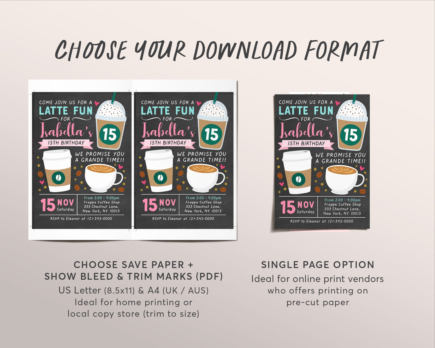 Coffee Birthday Invitation Editable Template, GIRL Latte Fun Invite, Cafe Frappe Digital Evite, Latte Birthday Themed Party Instant Download