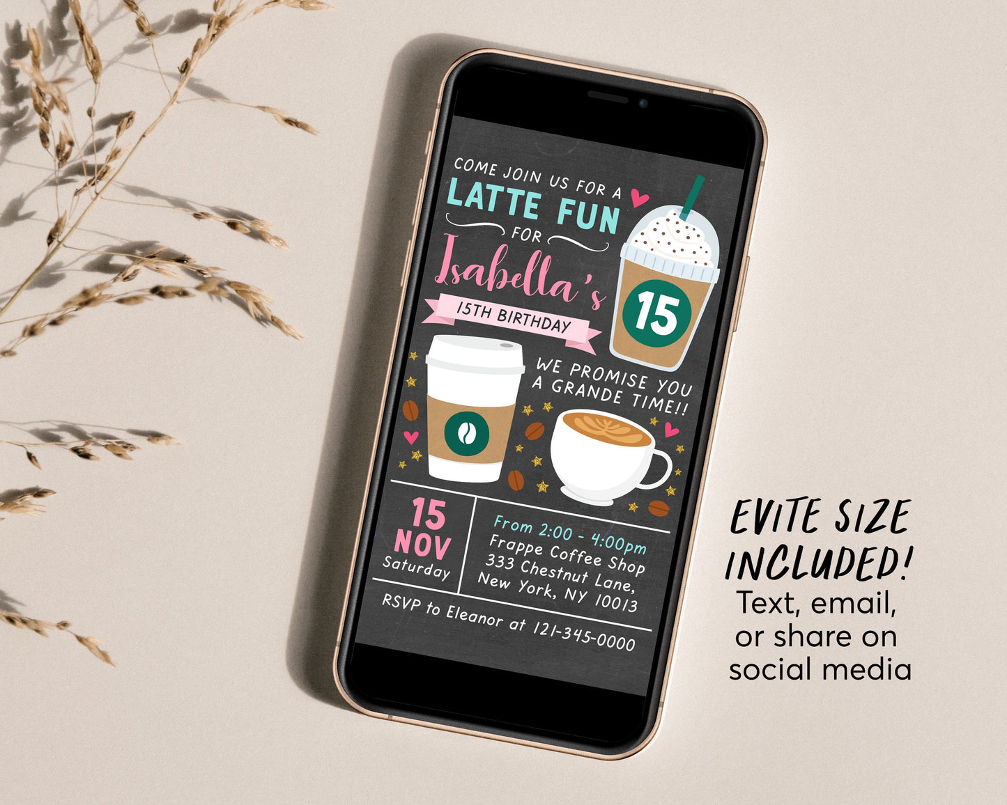 Coffee Birthday Invitation Editable Template, GIRL Latte Fun Invite, Cafe Frappe Digital Evite, Latte Birthday Themed Party Instant Download