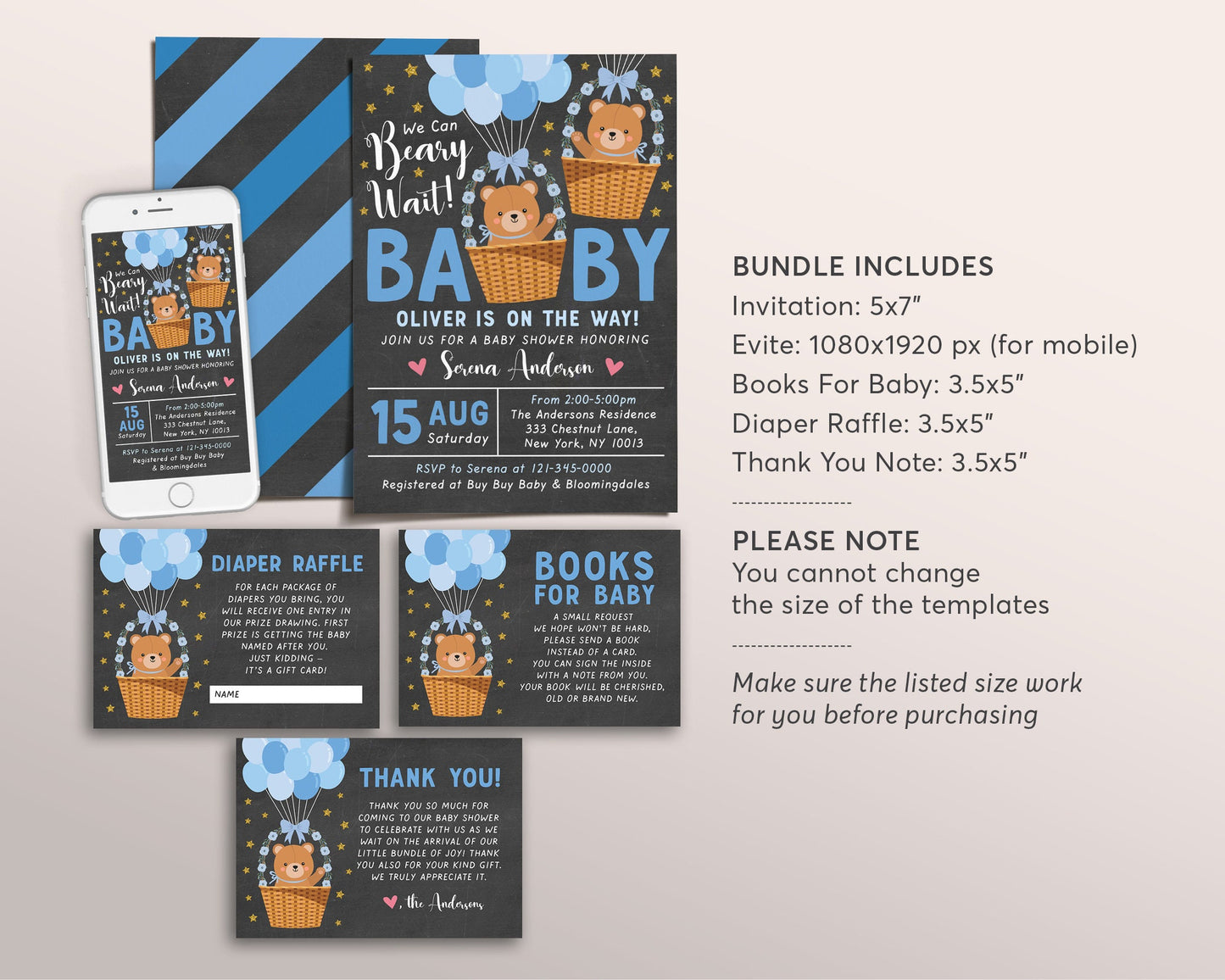 Teddy Bear BOY BUNDLE Balloons Baby Shower Invitation Editable Template, Bear Hot Air Balloon Baby Sprinkle Invite Set, We Can Bearly Wait