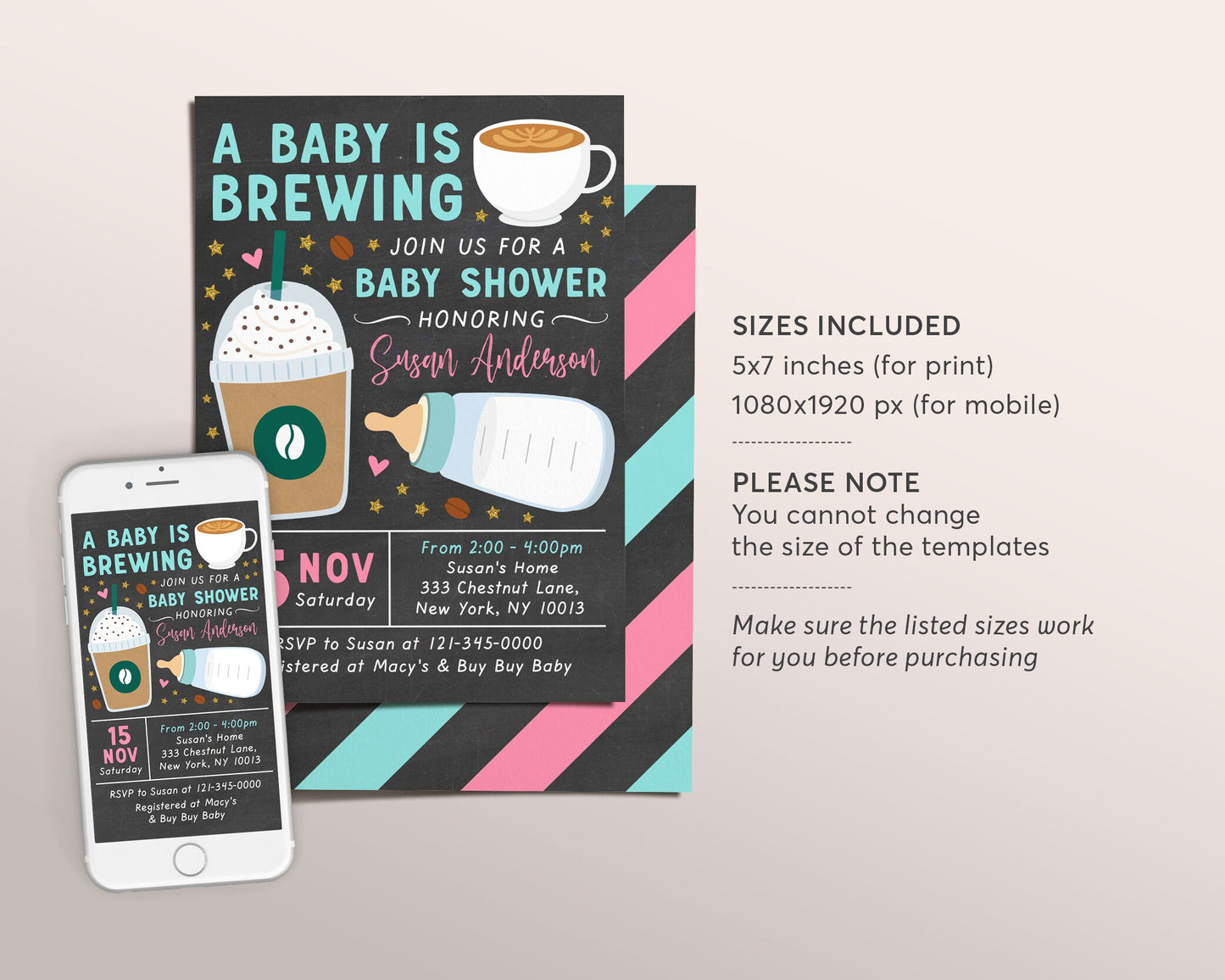 A Baby Is Brewing Baby Shower Invitation Editable Template, Breakfast Coffee Themed Invite Printable, Frappe Milk Bottle Coed Digital Evite