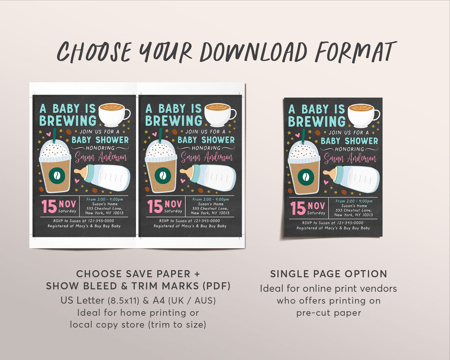 A Baby Is Brewing Baby Shower Invitation Editable Template, Breakfast Coffee Themed Invite Printable, Frappe Milk Bottle Coed Digital Evite