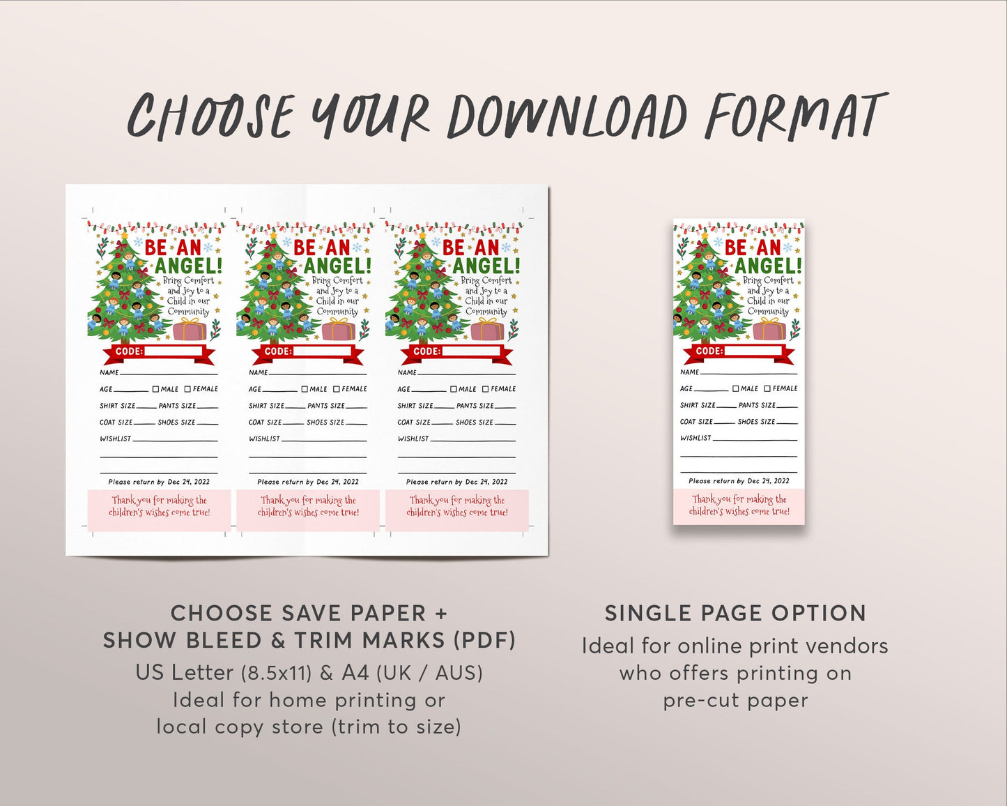 Christmas Giving Tree Gift Tag Editable Template, Donation Slip With Angels Printable, Charity Toy Drive Community Event Church School