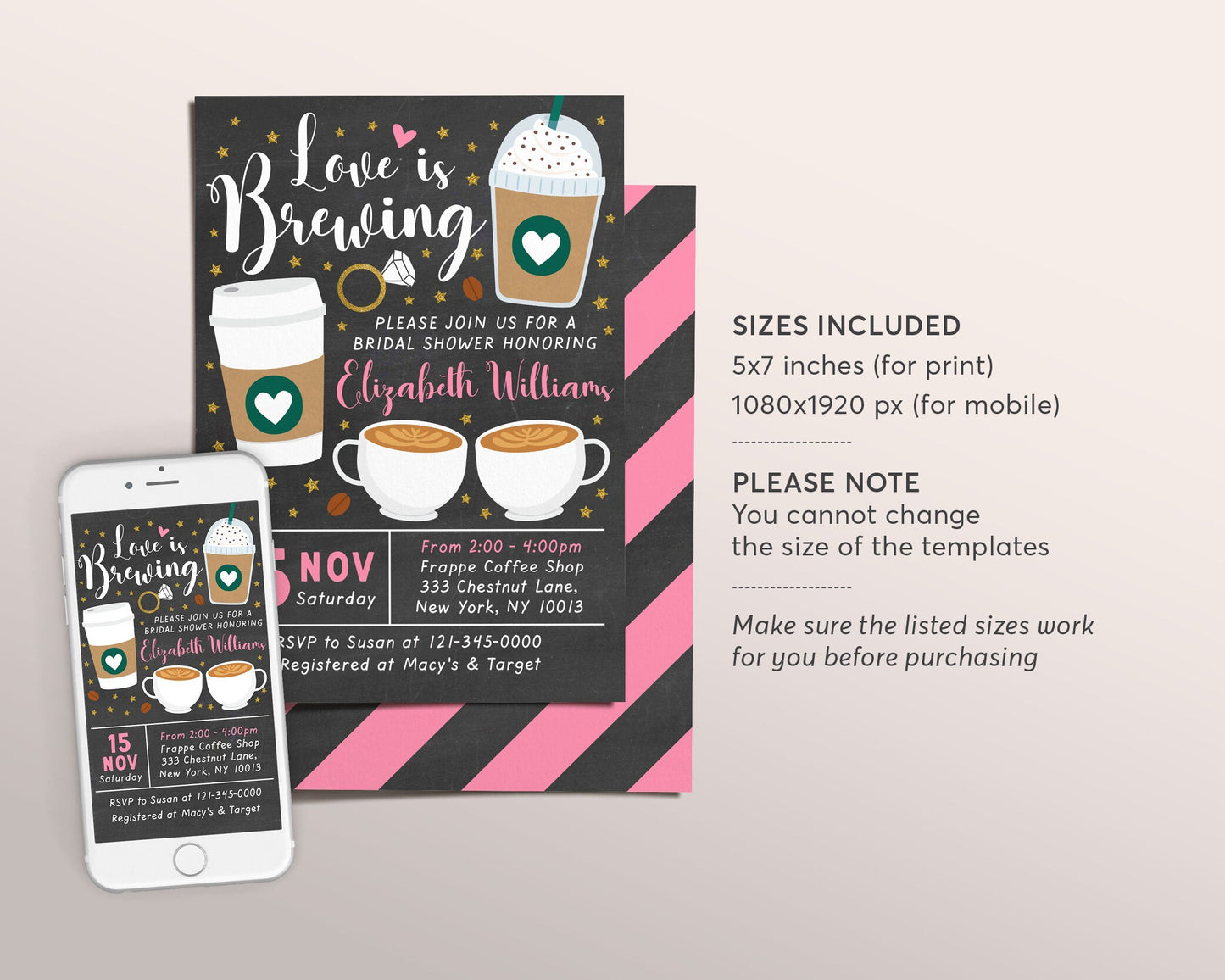 Love is Brewing Bridal Shower Invitation Editable Template, Bridal Brunch Breakfast Coffee Tea Themed Invite, Couples Wedding Shower
