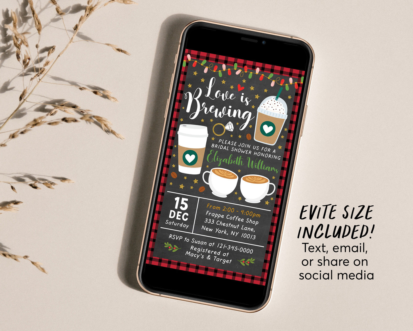 Christmas Bridal Shower Invitation Editable Template, Love is Brewing Bridal Brunch Breakfast Coffee Themed Invite, Holiday Engagement Party