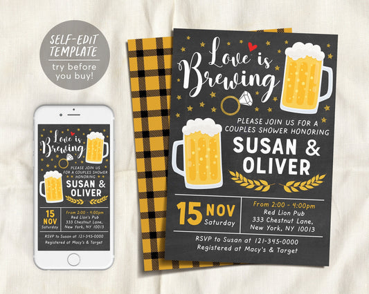 Love is Brewing Couples Shower Invitation Editable Template, Beer Keg St Patricks Day Pub Party Themed Invite, Bridal Shower Wedding