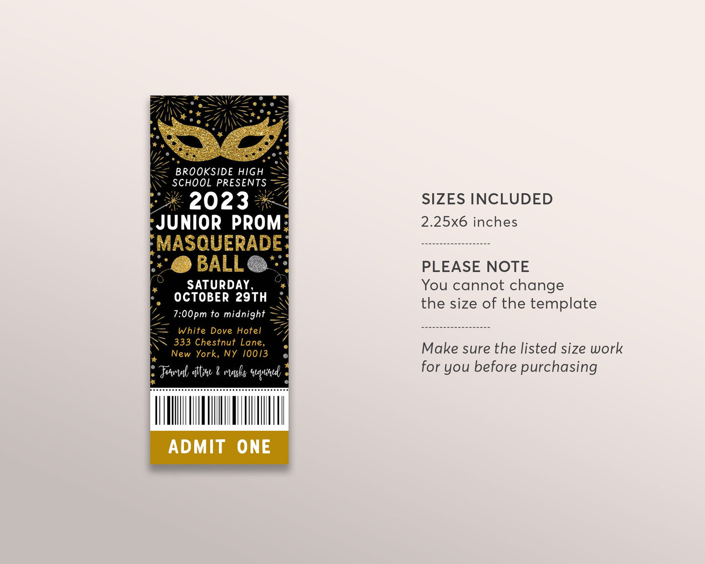 Masquerade Ball Ticket Prom Night Editable Template, Junior Senior Prom School Dance Formal Homecoming Gala High School Invitation Printable