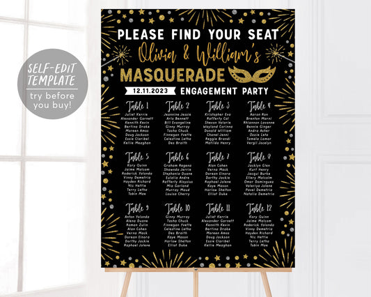Masquerade Party Table Seating Chart Editable Template, Engagement Party Rehearsal Dinner Wedding Seating Chart Sign Printable, Take a Seat