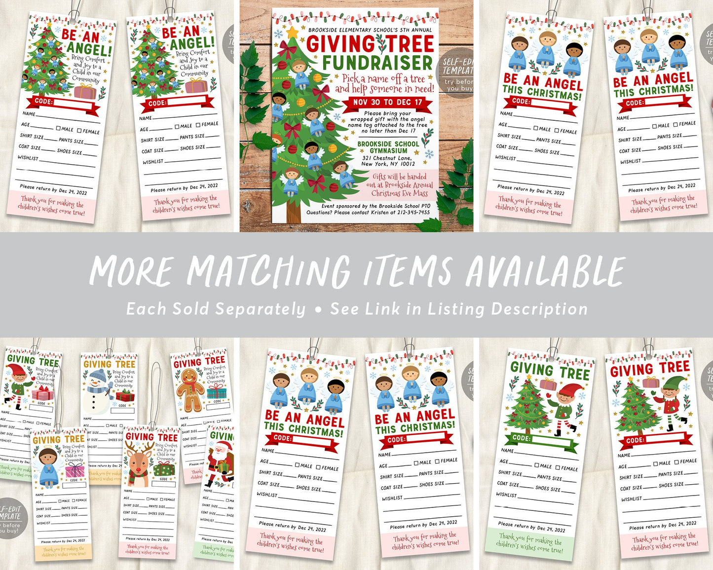 Christmas Giving Tree Gift Tag Editable Template, Donation Slip With Angels Printable, Charity Toy Drive Community Event Church School