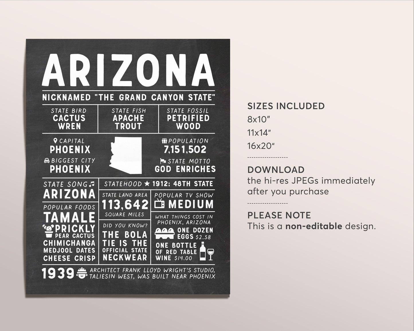 Arizona State Wall Art Sign Poster Infographic, Chalkboard Arizona Map, Phoenix US States, Men's Gift, State Facts, Housewarming Gift