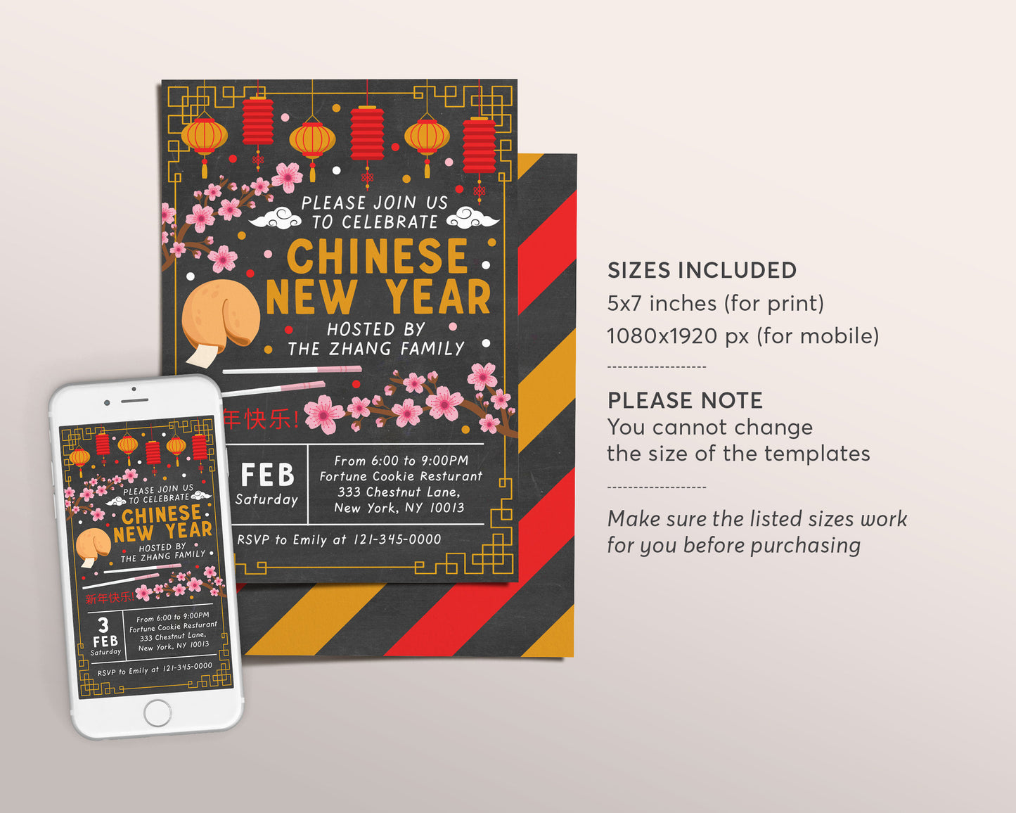Chinese New Years Party Invitation Editable Template, Lunar New Year Reunion Dinner Celebration, Vietnamese Asian Birthday Invite Printable