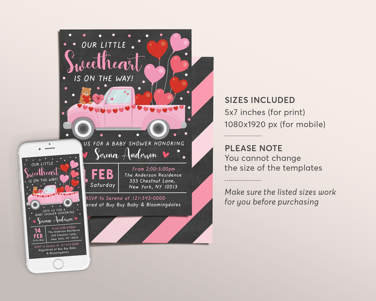 Valentine GIRL Baby Shower Invitation Editable Template, Little Sweetheart February Baby Sprinkle, Valentine's Day Love Hearts Evite