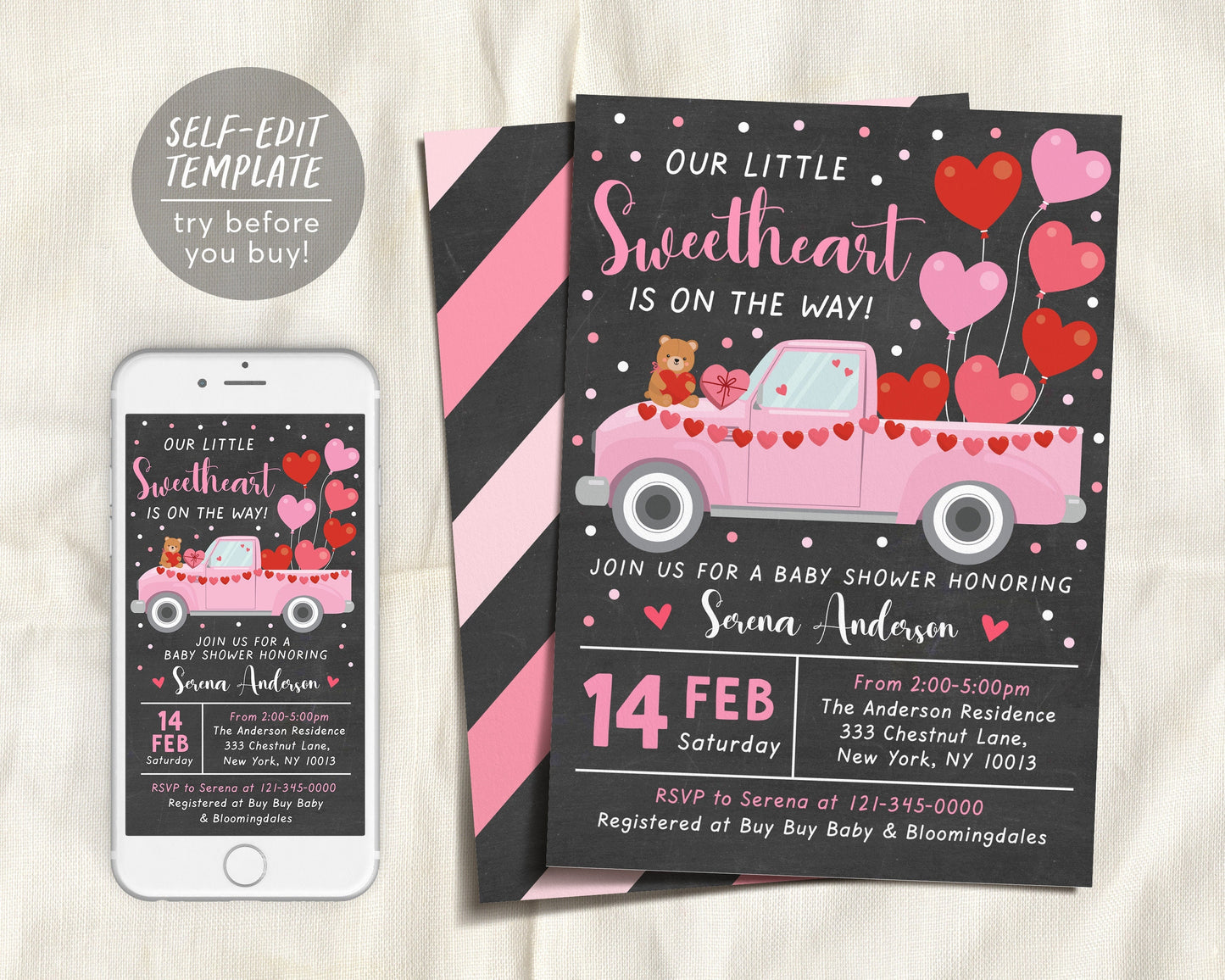 Valentine GIRL Baby Shower Invitation Editable Template, Little Sweetheart February Baby Sprinkle, Valentine's Day Love Hearts Evite