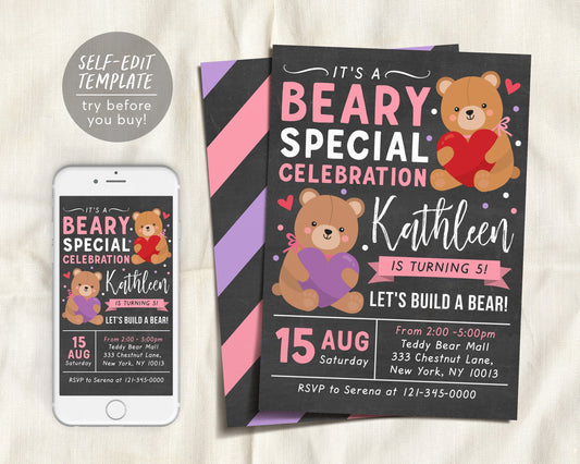 Teddy Bear GIRL Birthday Invitation Editable Template, Build A Bear Party Invite Printable, Adopt A Bear Chalkboard Evite, Beary First