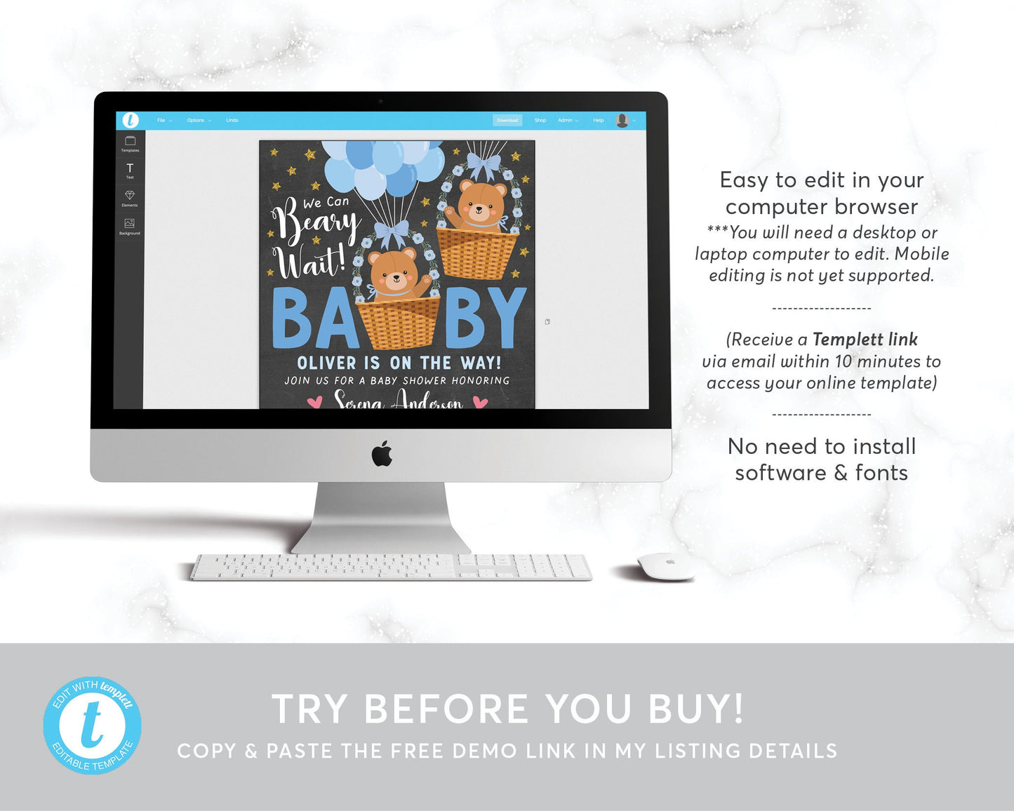 Teddy Bear BOY BUNDLE Balloons Baby Shower Invitation Editable Template, Bear Hot Air Balloon Baby Sprinkle Invite Set, We Can Bearly Wait
