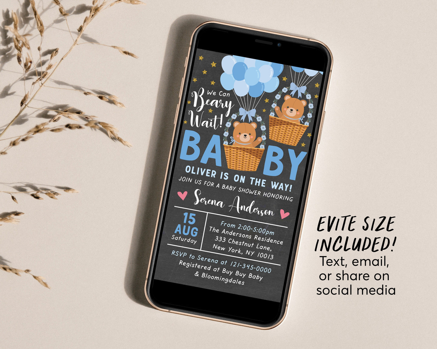 Teddy Bear BOY BUNDLE Balloons Baby Shower Invitation Editable Template, Bear Hot Air Balloon Baby Sprinkle Invite Set, We Can Bearly Wait