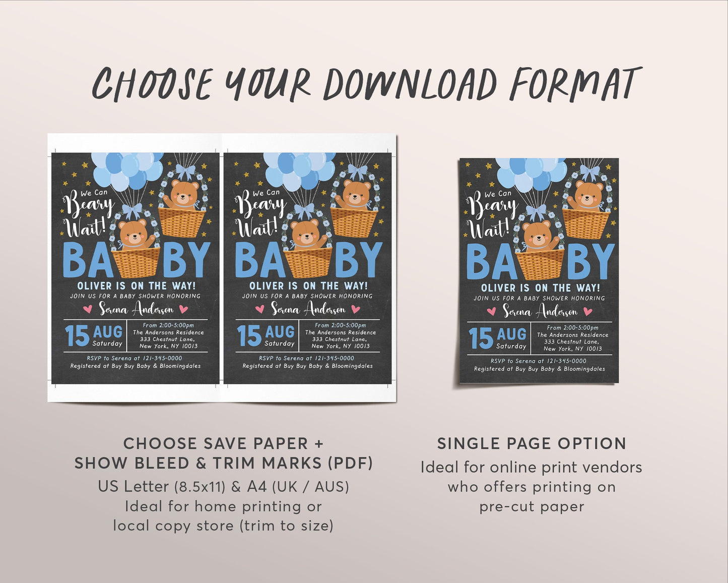 Teddy Bear BOY BUNDLE Balloons Baby Shower Invitation Editable Template, Bear Hot Air Balloon Baby Sprinkle Invite Set, We Can Bearly Wait